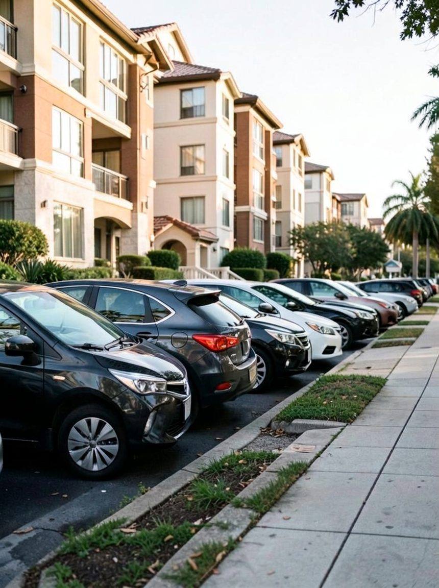 Cars parked along the curb of a condominium community beside permit parking signs