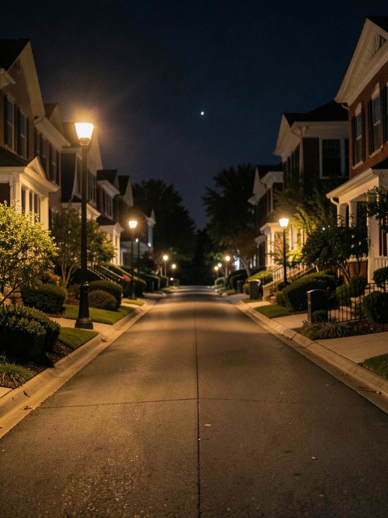 Quiet residential street inside a private community lit by street lamps at night