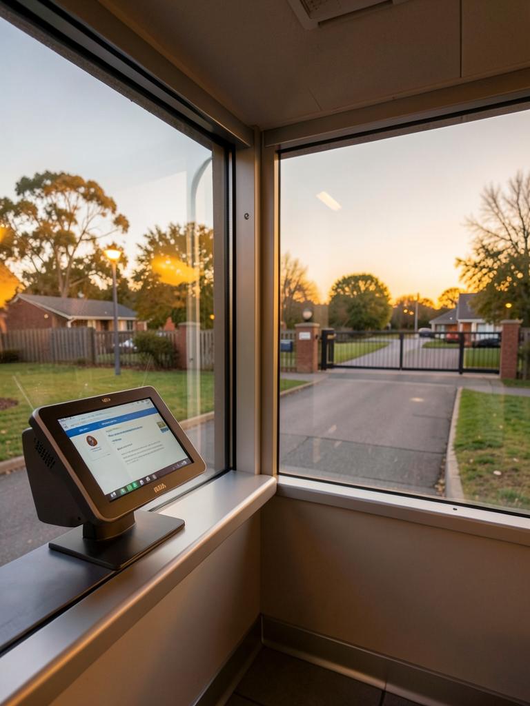 Guard booth interior with a visitor check-in tablet overlooking the community entry lane