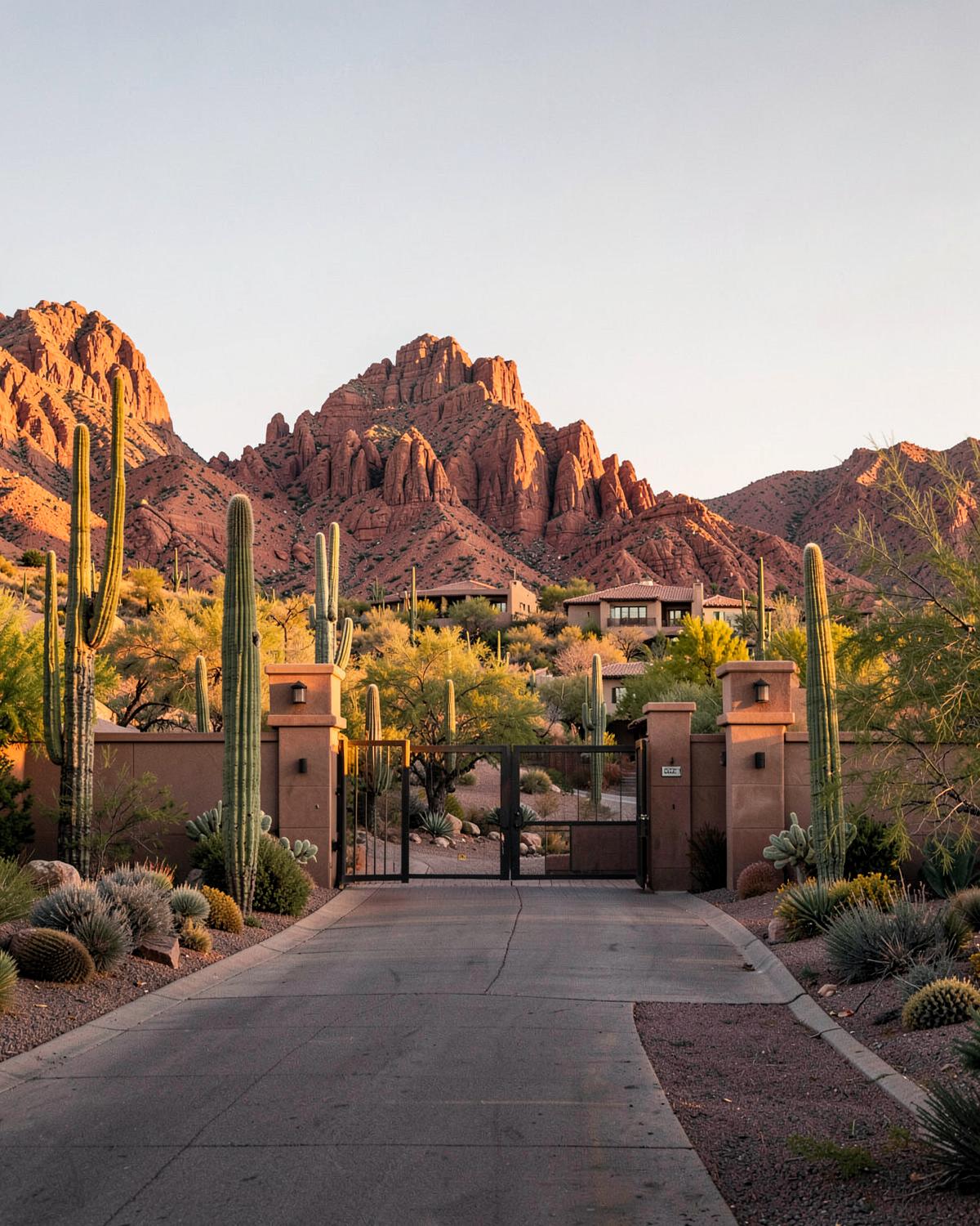 Gated desert community entrance in Arizona with saguaro cacti and red rock mountains at sunset