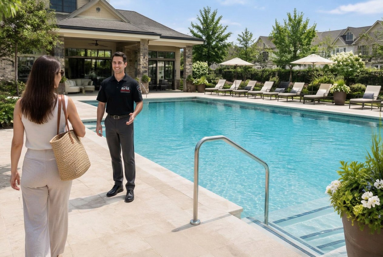 Pool attendant greeting a resident beside a community swimming pool